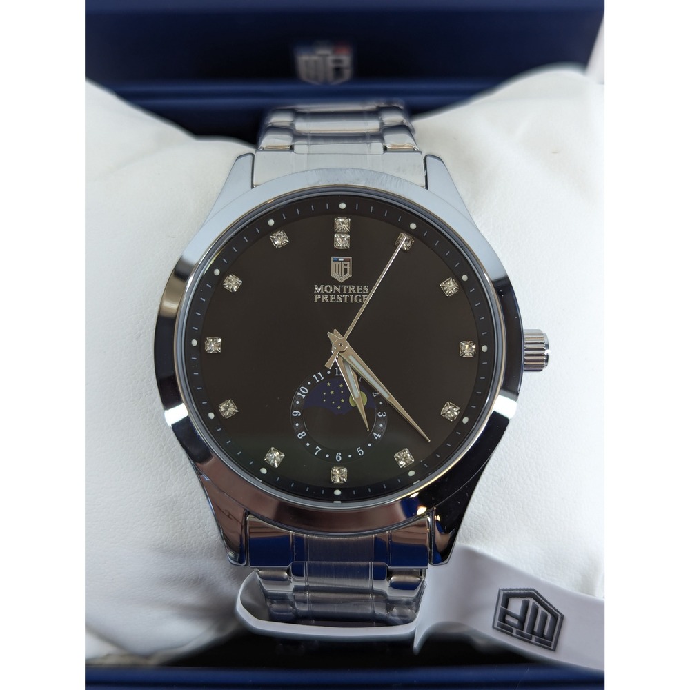 Montres Prestige MPW-0372 Mens 42mm Silver Black Dial Moon Phase Quartz Watch